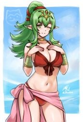 1girls beach bikini breasts cleavage collarbone fire_emblem fire_emblem_awakening fire_emblem_heroes front-tie_bikini_top front-tie_top gold_choker green_eyes green_hair hair_ornament highres jewelry large_breasts long_hair looking_at_viewer navel nintendo official_alternate_costume one_eye_closed pink_sarong pointy_ears ponytail red_bikini ribbon rotomdocs sarong signature simple_background smile solo sommie_(fire_emblem) swimsuit tiara tiki_(adult)_(fire_emblem) tiki_(adult)_(summering_scion)_(fire_emblem) tiki_(fire_emblem)