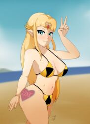 alternate_version_available beach bikini blonde_hair blue_eyes hound_wolf nintendo peace_sign princess_zelda tagme the_legend_of_zelda