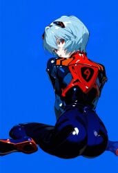 1girls ai_generated ass blue_background blue_hair looking_back neon_genesis_evangelion open_mouth plugsuit rei_ayanami shoppy short_hair