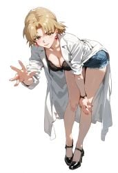 1girls ai_generated blonde_hair blush earrings full_body hanging_breasts lab_coat large_breasts nails neon_genesis_evangelion ritsuko_akagi shoes shoppy smile