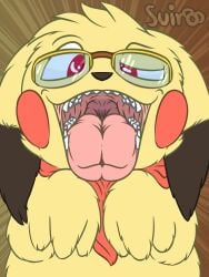 absurd_res eyewear fan_character generation_1_pokemon glasses hi_res male mouth_shot nintendo open_mouth pikachu pokemon pokemon_(species) red_eyes scarf sleazy_(sleazypikachu) suiro symmetry