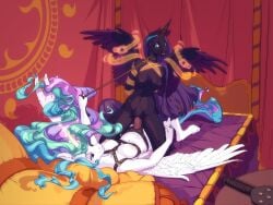 accessory anthro bed bedroom bondage bound breasts duo ethereal_hair female female/female friendship_is_magic furniture gor1ck hasbro headband hi_res horn leash my_little_pony nyx_(mlp) princess_celestia_(mlp) punishment roleplay strapon wings