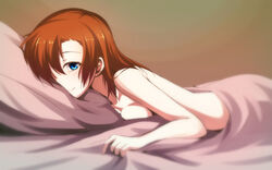 1girls bangs bed_sheet blue_eyes breast_press breasts female hair_down hair_over_one_eye kousaka_honoka long_hair looking_at_viewer love_live! love_live!_school_idol_project lying naked_sheet nanotsuki nude on_bed on_stomach orange_hair pillow sheet_grab smile solo under_covers