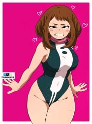 angry_face bodysuit boku_no_hero_academia brown_hair front_view leotard my_hero_academia ochako_uraraka ochako_uraraka_(hero_outfit) solo_female teenager thick_thighs tsuranukko