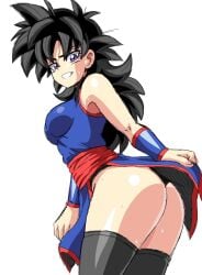 1girls ass ass_focus bent_over black_hair black_panties booty breasts clothed dragon_ball dragon_ball_xenoverse dragon_ball_z fan_character female female_only female_saiyan flashing from_below grin lewdamone long_hair looking_at_viewer looking_back low-angle_view myra_(steedoj) oc original_character panties pantyshot purple_eyes round_ass saiyan shiny shiny_clothes shiny_hair shiny_skin smile spiky_hair sweat sweatdrop teasing thighhighs thighs wet white_background