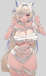 claw_pose fuwawa_abyssgard halloween hololive huge_breasts looking_at_viewer mummy open_mouth virtual_youtuber wrappings zeropengr