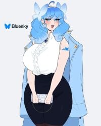 anthro big_breasts big_thighs blue_eyes blue_hair bluesky_(social_media) blush blushing_at_viewer breasts brooch butterfly butterfly_hair_ornament cape coat_cape coat_on_shoulders curly_hair cute cute_expression cute_face female female_focus female_only gijinka headband human humanoid office_lady purse skirt suit suit_jacket thick_thighs thighs top_heavy