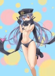 alternate_costume black_footwear black_scarf blush boots breasts double_v duel_monster female grey_hair hat hatopoyo highres long_hair red_eyes scarf sky_striker_ace_-_roze small_breasts solo swimsuit twintails v yu-gi-oh!