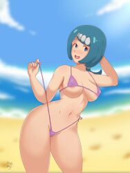 alternate_version_available beach bikini blue_eyes blue_hair breasts female female_only hound_wolf lana's_mother_(pokemon) milf pokemon pokemon_sm tagme vagina