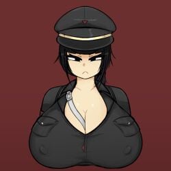 1girls 2d 2d_(artwork) angry angry_expression angry_face annoyed annoyed_expression antares_imperium armband black_clothing black_eyes black_hair black_uniform breast breast_focus breasts breasts_bigger_than_head breasts_focus buckle cap centaura cleavage dead_ahead_(roblox) digital_media_(artwork) drawn eye eyelashes eyes eyes_open eyes_opened female female_focus female_only frown frowning frowning_at_viewer hat irritated looking_at_viewer military_cap military_clothing military_uniform nipples nipples_visible_through_clothing non-commissioned_officer_(dead_ahead_roblox) officer officer_uniform plain_background pocket pockets pokies pony_tail ponytail pouch pouches probablyavv red_background red_shirt roblox robloxian shading shadow shine shiny shiny_skin shirt_pocket short_hair squint squinted_eyes squinting strap unhappy white_girl white_skin