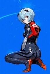 1girls ai_generated ass blue_background blue_hair full_body looking_back neon_genesis_evangelion plugsuit rei_ayanami shoppy short_hair squatting