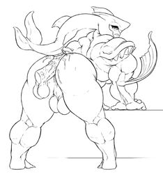 anus ass backsack balls bent_over big_butt boner buttjob cum cum_on_ass disembodied_penis duo erection fish_humanoid greyscale humanoid humanoid_penis hybrid looking_back male male_only monochrome mr_canvas muscular muscular_male nude outercourse penis sidon sidon_(zelda) solo_focus standing thick_thighs vein yaoi