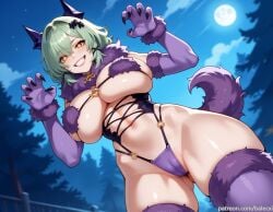 ai_generated animal_ears ass_visible_through_thighs balecxi caesar_king caesar_king_(zenless_zone_zero) cameltoe claw_pose elbow_gloves female full_moon fur-trimmed_gloves fur-trimmed_thighhighs fur_collar fur_trim green_hair grin hair_ornament halloween halloween_costume large_breasts looking_at_viewer mash_kyrielight mash_kyrielight_(dangerous_beast) mash_kyrielight_(dangerous_beast)_(cosplay) navel night night_sky o-ring outdoors patreon_username purple_gloves purple_thighhighs revealing_clothes short_hair slit_pupils smile solo teeth thighs wolf_ears wolf_tail yellow_eyes zenless_zone_zero