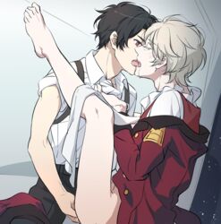 2boys aldnoah.zero anal_fingering barefoot blonde_hair blush brown_hair fingering french_kiss kaizuka_inaho kissing leg_up male multiple_boys no_pants one_leg_up panties panty_pull red_eyes saliva silver_hair slaine_troyard tears underwear yaoi zehel_az