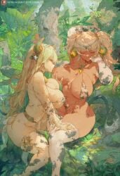 2girls bell_collar blonde_hair breast_sucking cow_ears cow_girl cow_horns cow_print cutesexyrobutts detached_sleeves hucow huge_breasts jewelry lactating lactation last_origin nipple_suck pigtails slave slave_collar slavegirl sucking_nipples thick_thighs voluptuous yuri