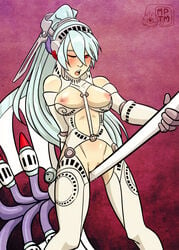 artist_name axe blush breasts female grinding labrys large_breasts long_hair masturbation my_pet_tentacle_monster nipples no_panties one_eye_closed open_mouth persona persona_4 persona_4:_the_ultimate_in_mayonaka_arena persona_4_arena pink_background ponytail pussy pussy_juice red_eyes solo sweat tied_hair watermark weapon