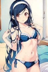 1girls ai_generated bedroom blue_hair blue_underwear bokutachi_wa_benkyou_ga_dekinai furuhashi_fumino_(bokuben) small_breasts solo underwear