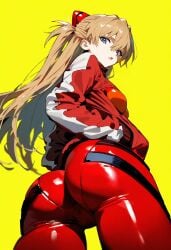 1girls ai_generated ass ass_focus asuka_langley_sohryu booty cameltoe hand_on_pocket looking_back looking_down neon_genesis_evangelion plugsuit shoppy yellow_background