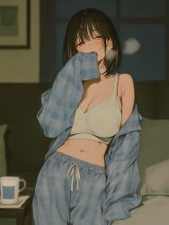 1girls ai_generated aosiai123 armpit_crease black_hair bra cleavage clothed exposed_midriff large_breasts midriff not_porn original pajamas solo steamy_breath unbuttoned_shirt yawning