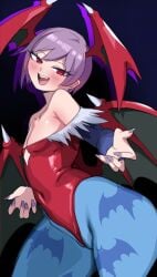 1girl 1girls 2024 2d 2d_(artwork) bat_print blue_pantyhose blush capcom clothed clothing darkstalkers fangs female female_only flat_chest head_wings high_resolution highres leotard light-skinned_female light_skin lightsource lilith_aensland looking_at_viewer open_mouth pantyhose purple_fingernails purple_hair red_eyes short_hair smiling smiling_at_viewer solo solo_female succubus succubus_wings wings wings_on_head