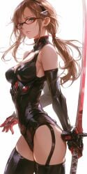 1girls ai_generated alternate_costume bare_shoulders brown_hair detached_sleeves garter_straps glasses gloves holding_weapon large_breasts latex mari_illustrious_makinami neon_genesis_evangelion shoppy thighhighs