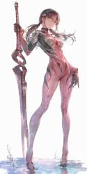 1girls ai_generated brown_hair full_body glasses holding_weapon large_breasts mari_illustrious_makinami neon_genesis_evangelion plugsuit shoppy spear water