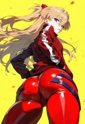 1girls ai_generated ass ass_focus asuka_langley_sohryu autumn_leaves cameltoe hand_on_pocket jacket leaf long_hair looking_back looking_down neon_genesis_evangelion orange_hair plugsuit shoppy yellow_background