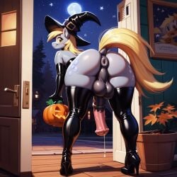 ai_generated asshole balls collar derpy_hooves elbow_gloves futanari halloween high_heel_boots horsecock latex my_little_pony ponut thick_thighs thighhighs trick_or_treat