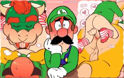 2boys anal anal_sex anthro anthro_on_humanoid ass balls blowjob blue_overalls blush bowser brown_hair closed_eyes clothing doggy_style duo erection facial_hair furry furry_male gay gay_sex genitals gloves goatene green_face green_hat green_shirt hat horns humanoid humanoid_male humanoid_on_anthro interspecies koopa light-skinned_male light_skin looking_at_viewer luigi male male/male mammal mario_(series) mature mature_male naughtybassard nintendo oral oral_sex penis penis_in_anus red_hair reptile saliva scalie sex shirt super_mario_bros. tail testicles torquewintress white_gloves yaoi yellow_skin