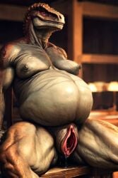 ai_generated anthro belly big big_breasts big_pussy breasts elderly elderly_female female female_only nipples presenting presenting_pussy pussy pussy_juice raptor sagging_breasts scalie solo solo_female thick_thighs unbirthing vore vore_belly wrinkles