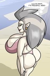 1girls beach big_breasts earrings eda_clawthorne english_text fang giant_breasts gold_fang gray_hair grey_hair huge_breasts max1mus milf pale-skinned_female pink_bra solo tagme text the_owl_house thick_ass yellow_eyes