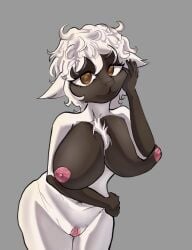 absurd_res ali_sharp anthro arm_over_breasts big_breasts big_clitoris bovid breasts brown_eyes caprine clitoris ewe female genitals hair hand_on_cheek hand_on_hip hi_res mammal monotone_background nipples ruby(artist) sheep simple_background slim small_hips solo white_hair