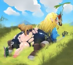 ass blonde_hair blue_eyes braid cloud day feet female futa_focus futanari gangbang grass group intersex korok long_hair on_stomach outdoors penis pointy_ears princess_zelda sky straight torn_clothes tree wood