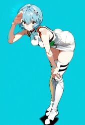 1girls adapted_costume against_wall ai_generated blue_background blue_hair full_body hand_on_own_leg hanging_breasts neon_genesis_evangelion plugsuit rei_ayanami salute shoppy short_hair smile