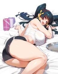 ai_generated ass bangs bare_shoulders bed bed_sheet black_hair black_shorts blue_eyes blunt_bangs blush bottle breasts clothing crop_top dead_or_alive dolphin_shorts feet_out_of_frame female female hair_ornament hairband huge_breasts large_breasts long_hair looking_at_viewer lying midriff nyotengu on_bed on_side on_stomach open_mouth pillow ponytail purple_eyes shirt short_shorts shorts sleeveless solo sweat tank_top teeth thighs tied_hair tongue trembling upper_teeth_only white_shirt