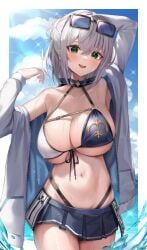 arm_up armpits bare_shoulders bikini black_bikini blue_choker blue_skirt breasts choker cleavage cowboy_shot eyewear_on_head female front-tie_bikini_top front-tie_top green_eyes grey_hair halterneck hand_up highleg highleg_bikini highres hololive jacket large_breasts long_sleeves looking_at_viewer microskirt navel off_shoulder open_clothes open_jacket open_mouth outside_border pleated_skirt ponytail shirogane_noel shirogane_noel_(summer_2020) short_hair shuvi_(shuvi1125) skirt smile solo standing stomach string_bikini sunglasses swimsuit thighs two-tone_bikini virtual_youtuber wet white_bikini white_jacket