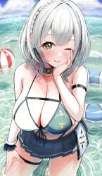 aki_(mkjn5227) armband ball beachball black_skirt blue_sky blush braid breasts cleavage cloud collarbone commentary_request day female green_eyes grey_hair hair_ornament hand_on_own_cheek hand_on_own_face highres hololive innertube large_breasts looking_at_viewer navel ocean one_eye_closed outdoors parted_lips pleated_skirt shirogane_noel shirogane_noel_(summer_2020) skirt sky smile solo standing summer swim_ring swimsuit thigh_strap virtual_youtuber wading