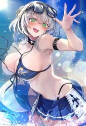 @_@ accidental_exposure bikini blush breasts cleavage day embarrassed eyewear_on_head female green_eyes grey_hair hololive large_breasts looking_at_viewer medium_hair omoti_(1201208) open_mouth outdoors shirogane_noel shirogane_noel_(summer_2020) sky smile solo strap_break sunglasses swimsuit two-tone_bikini virtual_youtuber wardrobe_malfunction wavy_hair