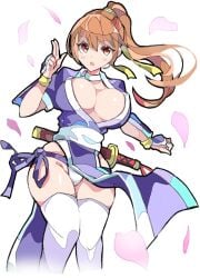 breasts cleavage dead_or_alive enpe female highres kasumi_(doa) large_breasts long_hair pelvic_curtain petals ponytail sword thighs weapon