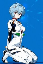 1girls ai_generated blue_background blue_hair full_body kneeling large_breasts neon_genesis_evangelion plugsuit rei_ayanami serious shoppy short_hair