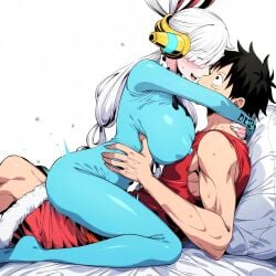 1boy 1girls ai-assisted ai-created ai_generated big_ass big_breasts black_eyes black_hair blush bound dreson female grabbing_waist huge_breasts male monkey_d_luffy multicolored_hair muscular_male on_top one_piece one_piece_film_red red_hair scar thick_thighs uta_(one_piece) white_hair