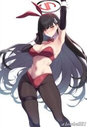 animal_ears arm_up armpits black_hair black_halo black_pantyhose blue_archive blush bow bowtie bra breasts bright_pupils cleavage closed_mouth detached_collar fake_animal_ears female gloves hair_ornament hairclip hairpin halo large_breasts long_hair lowball01 navel pantyhose playboy_bunny rabbit_ears red_bra red_eyes red_halo rio_(blue_archive) sideboob simple_background solo strapless thigh_strap underwear very_long_hair white_pupils