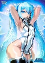 1girls armpit armpits arms_behind_head arms_up big_hips blue_eyes blue_hair collar female female_focus female_only heavens_lost_property hips hips_wider_than_shoulders humanoid nymph nymph_(sora_no_otoshimono) solo sora_no_otoshimono thegoldensmurf thick_thighs thighhighs thighs wings