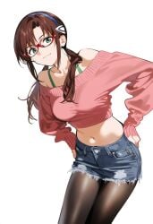 1girls ai_generated brown_hair glasses jeans_shorts large_breasts mari_illustrious_makinami neon_genesis_evangelion pantyhose shoppy shorts smile sweater