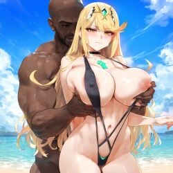 ai_generated beach beach_background black_penis blonde_female blonde_hair breast_grab breast_press breasts breasts_out cheating cheating_wife cheating_with_enemy dark-skinned_male dark_penis dark_skin diadem grabbing_breasts groping groping_breasts hip_grab hips interracial kord_ai long_hair mercenary muscular muscular_male mythra netorare ntr nude nude_male old_man older_male older_man_and_teenage_girl sling_bikini sling_swimsuit slingshot_bikini slingshot_swimsuit slut slutty_face slutty_outfit tsundere xenoblade_(series) xenoblade_chronicles_2 yellow_eyes yellow_hair