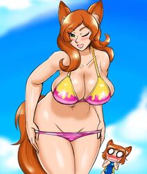 awe bikini breasts cat_ears cleavage clothed huge_breasts large_breasts stripping thick_thighs wide_hips wink