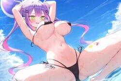 1girls ai_generated animated beach belly_piercing bikini crouching female hololive hololive_japan iroha111024 large_breasts micro_bikini no_sound ocean purple_hair solo spread_legs squatting swea sweatdrop tagme thick_thighs tip_tease tokoyami_towa twintails video virtual_youtuber water wet