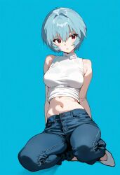 1girls ai_generated alternate_costume bare_shoulders blue_background blue_hair full_body jeans neon_genesis_evangelion rei_ayanami shoes shoppy short_hair