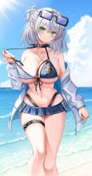 absurdres beach bikini bikini_skirt blue_bikini blue_sky blush breasts chest_belt choker cleavage cloud eyewear_on_head feet_out_of_frame female front-tie_bikini_top front-tie_top green_eyes grey_hair hair_bun highleg highleg_bikini highres hololive horizon jacket large_breasts looking_at_viewer medium_hair misoile mole mole_on_breast navel ocean official_alternate_costume open_clothes open_jacket outdoors shirogane_noel shirogane_noel_(summer_2020) short_hair single_hair_bun skirt sky smile solo standing sun sunglasses swimsuit thigh_strap two-tone_bikini virtual_youtuber water white_bikini white_jacket