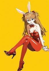 1girls ai_generated alternate_costume asuka_langley_sohryu floating full_body heels large_breasts latex neon_genesis_evangelion orange_hair playboy_bunny shoppy sitting yellow_background